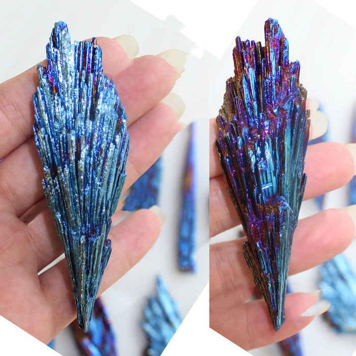 Electroplated Black Tourmaline Peacock Blue Flame Feather Crystal Cluster Mineral Specimen