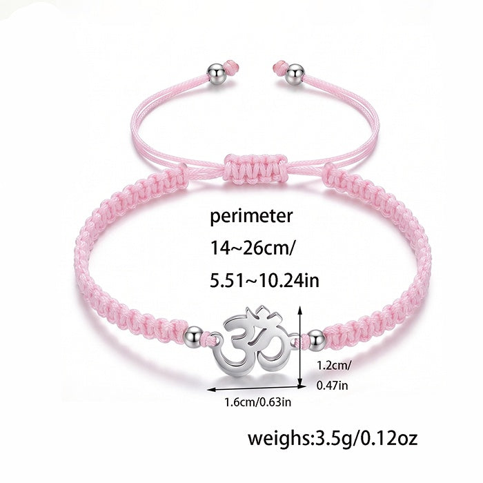Yoga Om Symbol Bracelet Adjustable Flat Knot Braided Cord Silver Tone